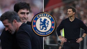 Split image featuring Andoni Iraola and Xabi Alonso with a Chelsea crest in-between.