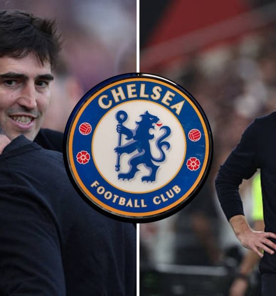 Split image featuring Andoni Iraola and Xabi Alonso with a Chelsea crest in-between.