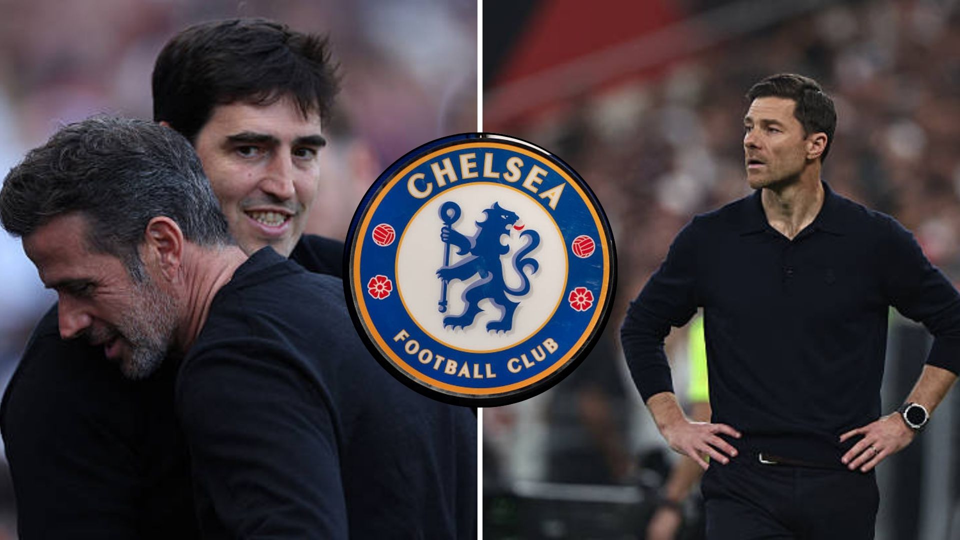 Split image featuring Andoni Iraola and Xabi Alonso with a Chelsea crest in-between.