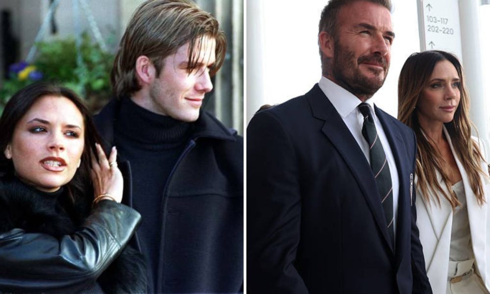 Split image featuring a young David and Victoria Beckham and the couple now.
