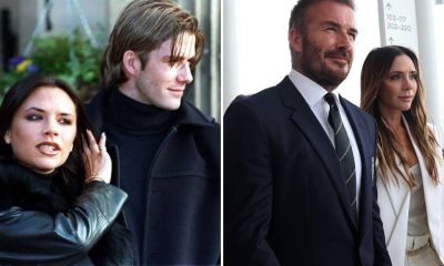 Split image featuring a young David and Victoria Beckham and the couple now.