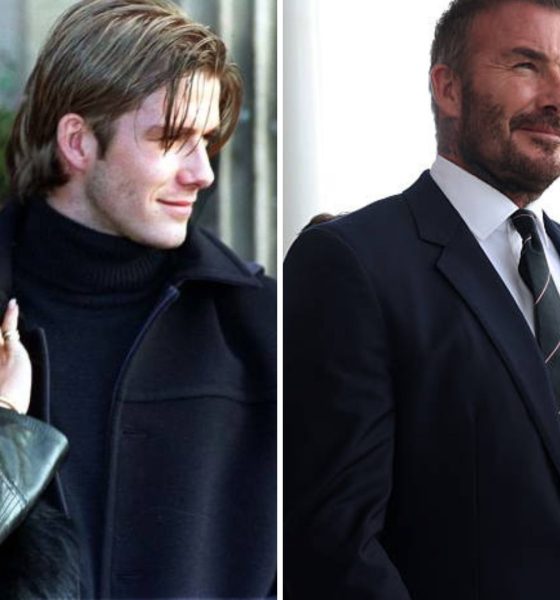 Split image featuring a young David and Victoria Beckham and the couple now.