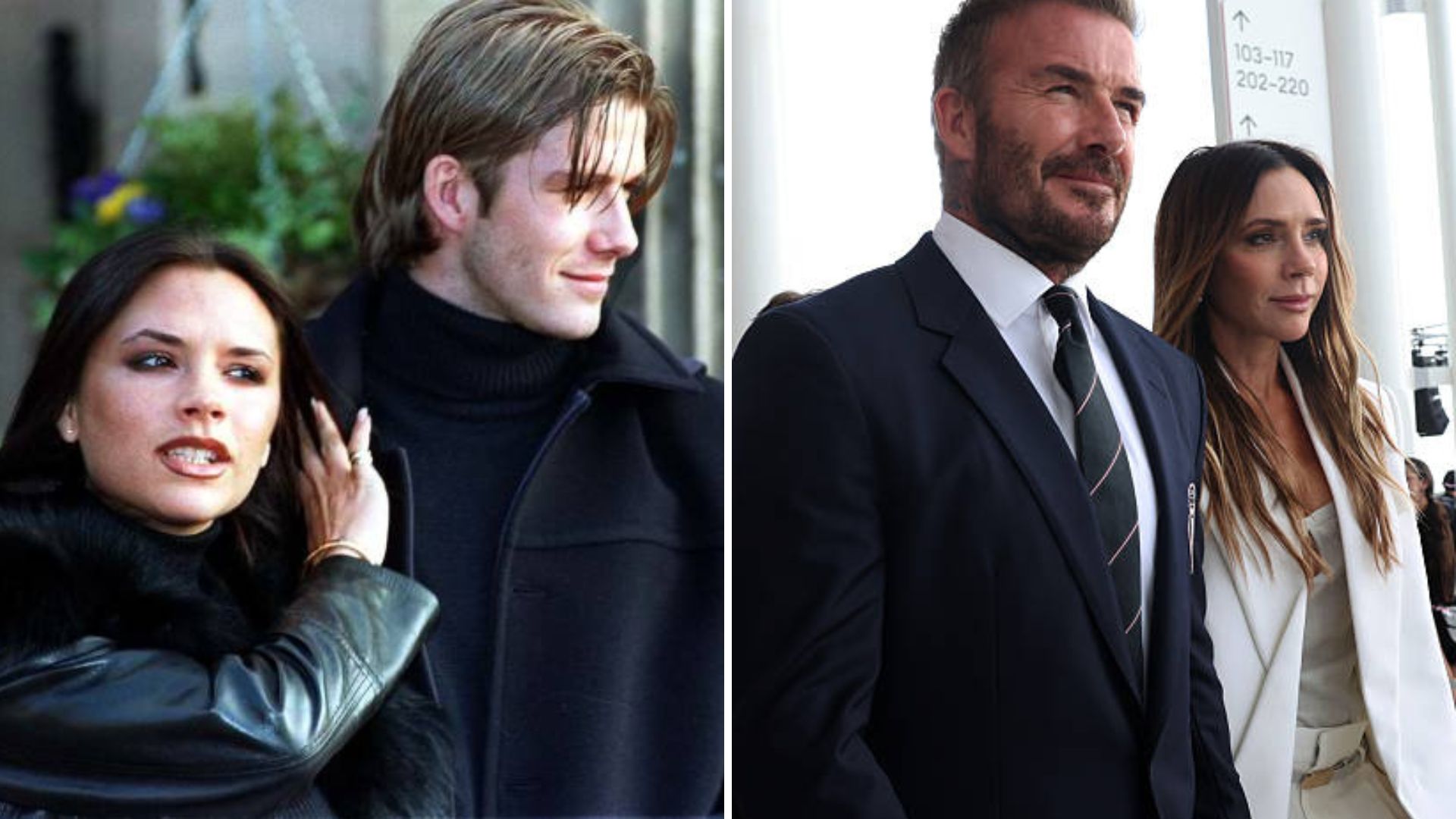 Split image featuring a young David and Victoria Beckham and the couple now.