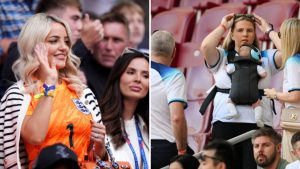 Split image featuring Megan Pickford cheering England on and Declan Rice's partner, Lauren Fryer.