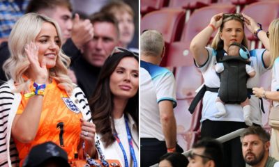 Split image featuring Megan Pickford cheering England on and Declan Rice's partner, Lauren Fryer.