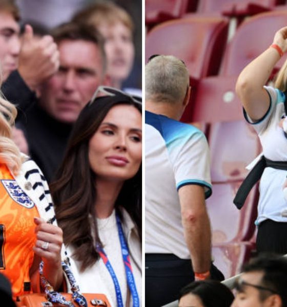 Split image featuring Megan Pickford cheering England on and Declan Rice's partner, Lauren Fryer.