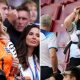 Split image featuring Megan Pickford cheering England on and Declan Rice's partner, Lauren Fryer.