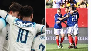 Split image featuring England players like Jude Bellingham and Harry Maguire and Lucas Hernandez of the France national team.