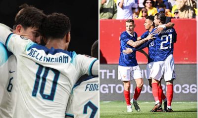 Split image featuring England players like Jude Bellingham and Harry Maguire and Lucas Hernandez of the France national team.