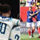 Split image featuring England players like Jude Bellingham and Harry Maguire and Lucas Hernandez of the France national team.