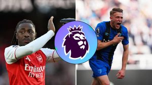 Split image featuring Eberchi Eze, Fantasy Premier League logo and Adrien Truffert.