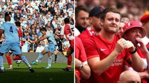 Split image featuring Sergio Aguero's famous goal vs QPR and a Liverpool fan reacting to final day title race going against Liverpool.