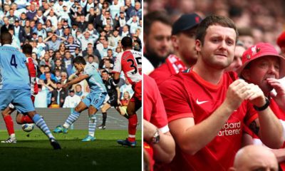 Split image featuring Sergio Aguero's famous goal vs QPR and a Liverpool fan reacting to final day title race going against Liverpool.