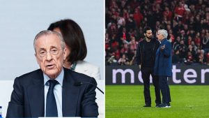 Split image featuring Florentino Perez and Alvaro Arbeloa with Jose Mourinho.