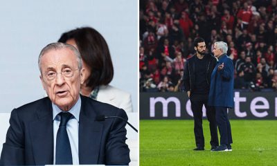 Split image featuring Florentino Perez and Alvaro Arbeloa with Jose Mourinho.