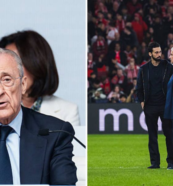 Split image featuring Florentino Perez and Alvaro Arbeloa with Jose Mourinho.
