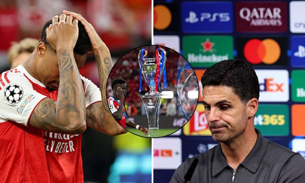 Split image featuring Gabriel, Bukayo Saka, and Mikel Arteta looking dejected.