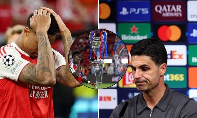 Split image featuring Gabriel, Bukayo Saka, and Mikel Arteta looking dejected.