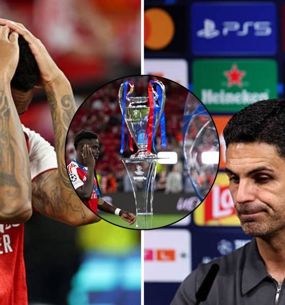Split image featuring Gabriel, Bukayo Saka, and Mikel Arteta looking dejected.