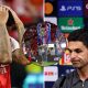 Split image featuring Gabriel, Bukayo Saka, and Mikel Arteta looking dejected.