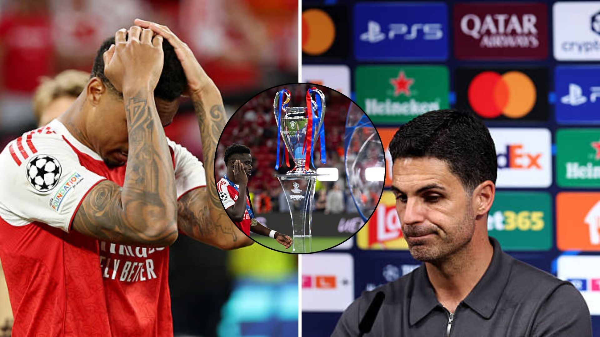 Split image featuring Gabriel, Bukayo Saka, and Mikel Arteta looking dejected.