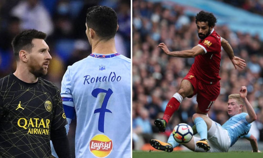 Split image featuring Lionel Messi with Cristiano Ronaldo and Mohamed Salah with Kevin de Bruyne.