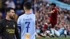 Split image featuring Lionel Messi with Cristiano Ronaldo and Mohamed Salah with Kevin de Bruyne.