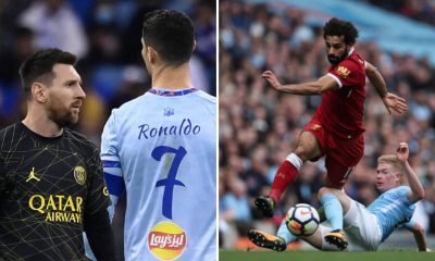 Split image featuring Lionel Messi with Cristiano Ronaldo and Mohamed Salah with Kevin de Bruyne.