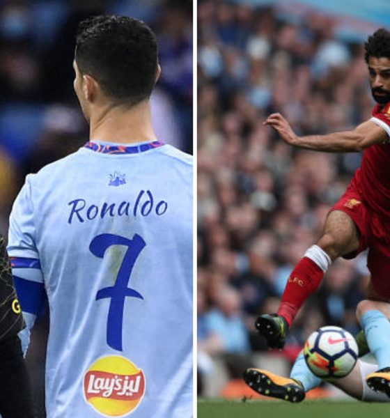 Split image featuring Lionel Messi with Cristiano Ronaldo and Mohamed Salah with Kevin de Bruyne.