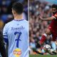 Split image featuring Lionel Messi with Cristiano Ronaldo and Mohamed Salah with Kevin de Bruyne.