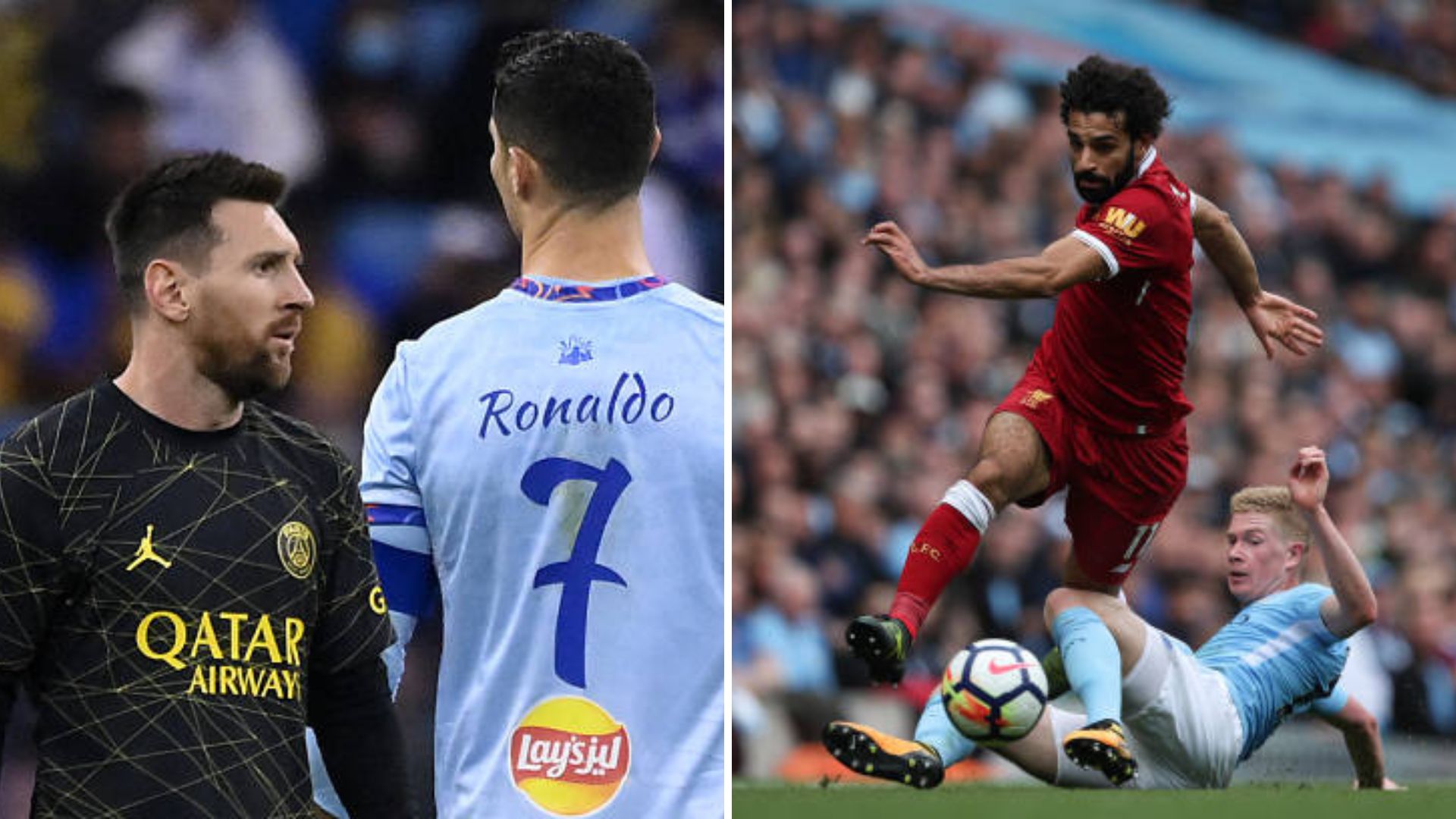 Split image featuring Lionel Messi with Cristiano Ronaldo and Mohamed Salah with Kevin de Bruyne.