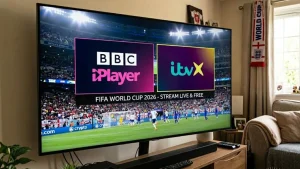 A smart TV screen in a living room displaying a split graphic of the BBC iPlayer and ITVX logos over a live World Cup 2026 football match.