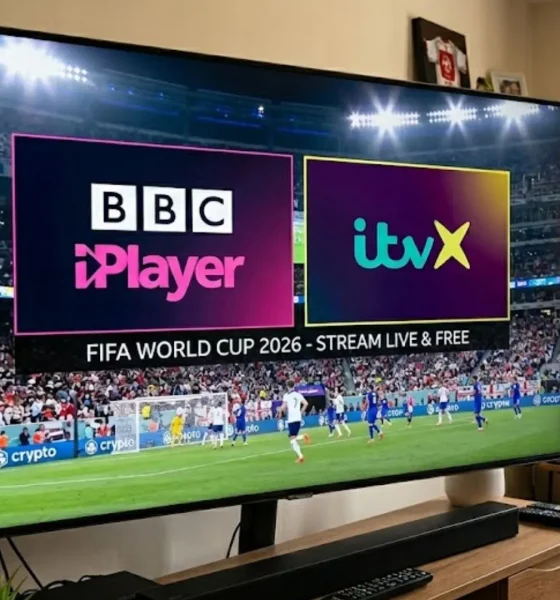 A smart TV screen in a living room displaying a split graphic of the BBC iPlayer and ITVX logos over a live World Cup 2026 football match.