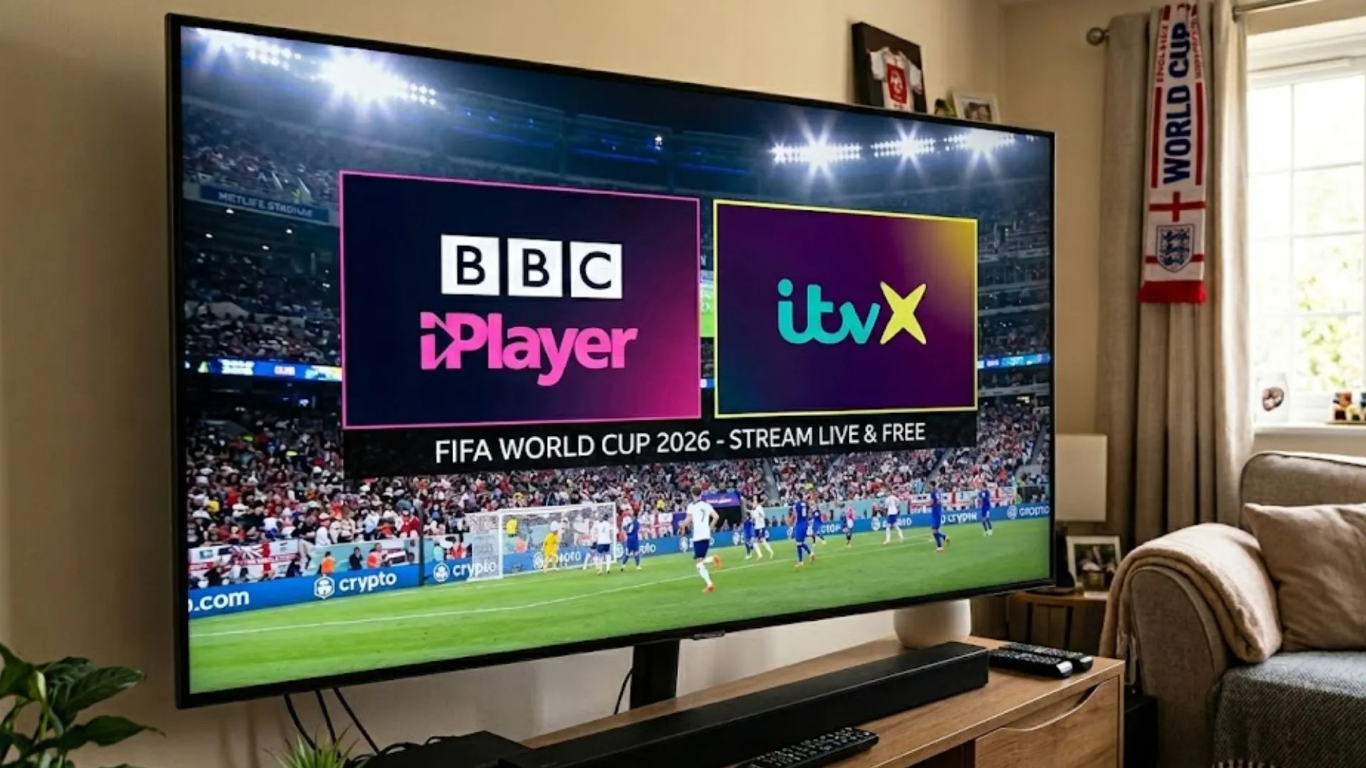 A smart TV screen in a living room displaying a split graphic of the BBC iPlayer and ITVX logos over a live World Cup 2026 football match.