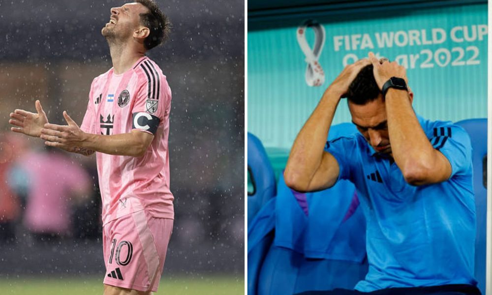 Split image featuring Lionel Messi and Lionel Scaloni.