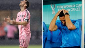 Split image featuring Lionel Messi and Lionel Scaloni.