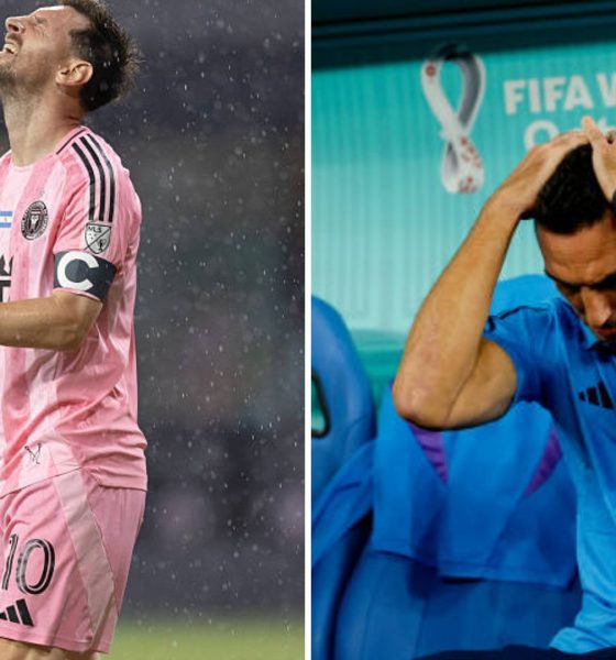 Split image featuring Lionel Messi and Lionel Scaloni.