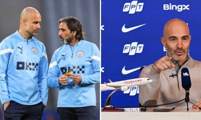 Split image featuring Pep Guardiola standing with Lorenzo Buenaventura and Enzo Maresca in a press conference.