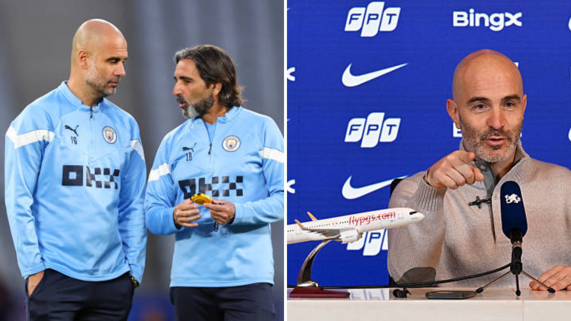 Split image featuring Pep Guardiola standing with Lorenzo Buenaventura and Enzo Maresca in a press conference.