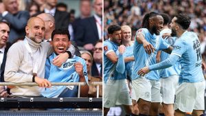 Split image featuring Pep Guardiola and the Manchester City team celebrating their FA Cup win.