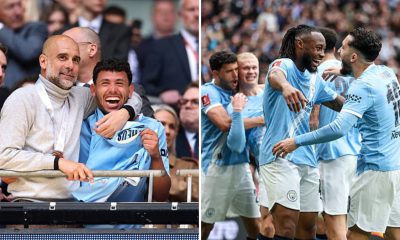 Split image featuring Pep Guardiola and the Manchester City team celebrating their FA Cup win.