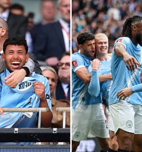 Split image featuring Pep Guardiola and the Manchester City team celebrating their FA Cup win.