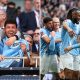 Split image featuring Pep Guardiola and the Manchester City team celebrating their FA Cup win.
