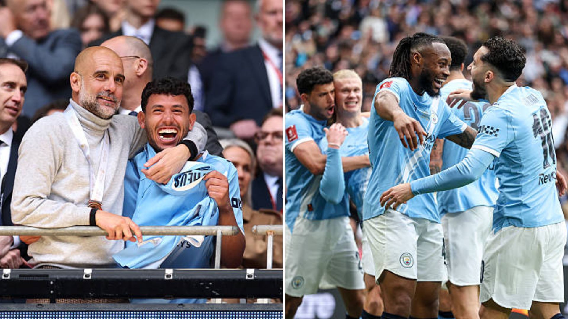 Split image featuring Pep Guardiola and the Manchester City team celebrating their FA Cup win.
