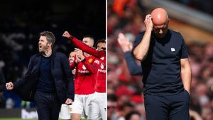 Split image featuring Michael Carrick and Arne Slot.