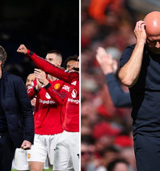 Split image featuring Michael Carrick and Arne Slot.