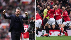 Split image featuring a delighted Michael Carrick and Manchester United players celebrating.