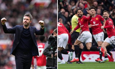 Split image featuring a delighted Michael Carrick and Manchester United players celebrating.
