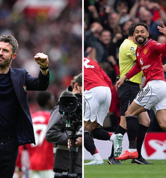 Split image featuring a delighted Michael Carrick and Manchester United players celebrating.