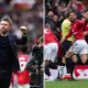Split image featuring a delighted Michael Carrick and Manchester United players celebrating.